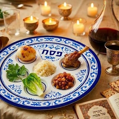 A Passover seder plate holding symbolic foods used during the seder.