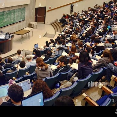 A professor teaching students in a university lecture hall.