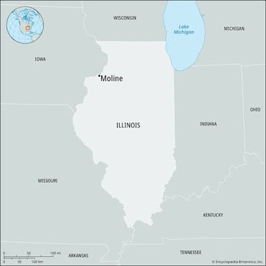 A map of Illinois with Moline marked in the northwest.