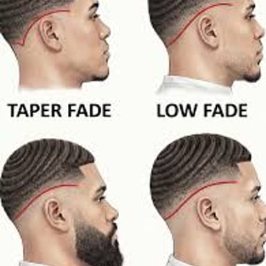 A side-by-side view of tapered trousers and a tapered haircut.