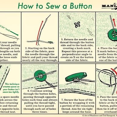A needle and thread being used to sew a button onto fabric.
