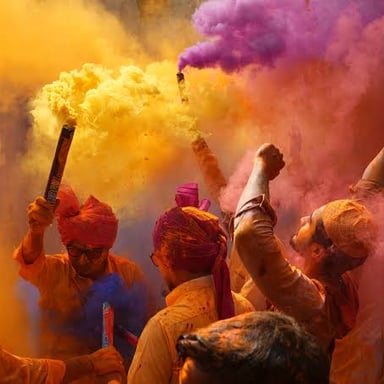 Colorful lights and powder representing the Hindu festivals Diwali and Holi