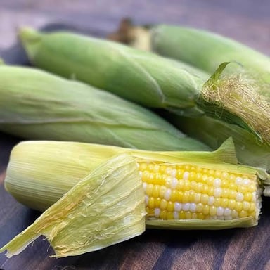 An ear of sweet corn with kernels arranged along the cob.