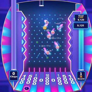 A Plinko board with a disc bouncing among pegs toward cash-value slots.