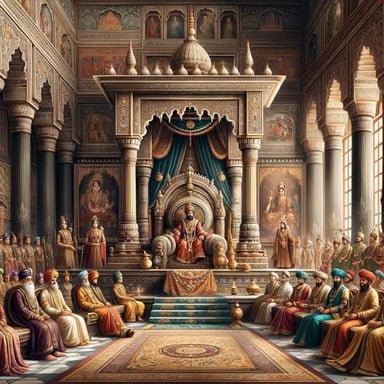 Historical painting depicting South Asian rulers in a royal court