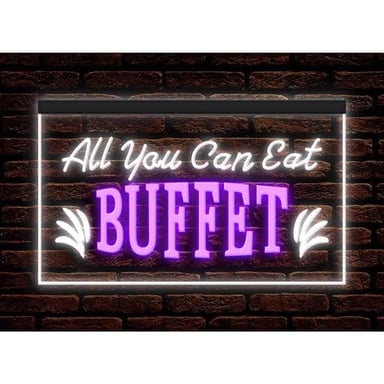 A buffet sign reading “all-you-can-eat,” with “you” emphasized as the word missing from the clue.