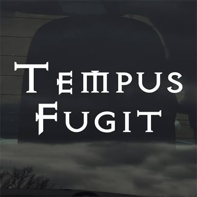 The Latin phrase “tempus fugit,” meaning “time flies,” displayed in calligraphy.
