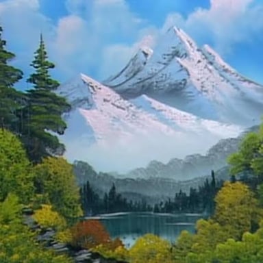 Bob Ross painting a landscape in the style of his instructional television show.
