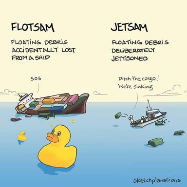Debris and pieces of wood floating on the surface of the sea.