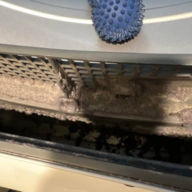 A clothes-dryer lint screen holding a layer of lint.