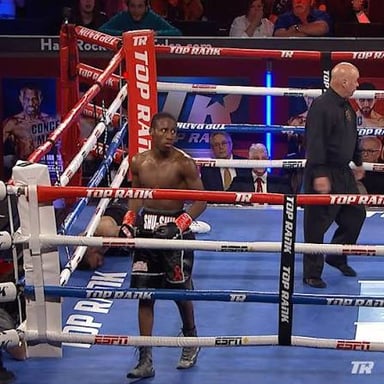 A boxer backed against the ropes, the image behind the expression “on the ropes.”