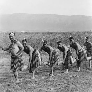 A group performing a haka, a Māori tradition combining movement, chanting, and expressive gestures.