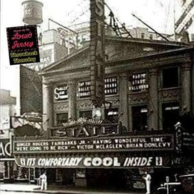 A historic Loew’s movie theater with its marquee.