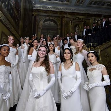 Elegantly dressed guests at a high-society gala