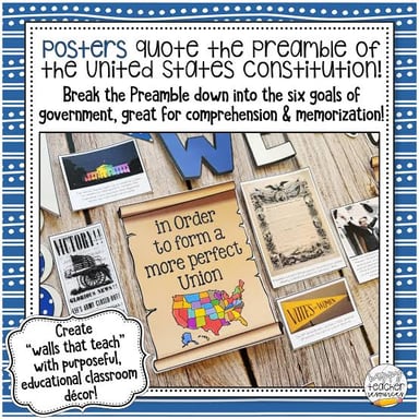A civics classroom display featuring the United States Constitution.