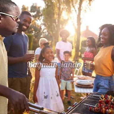 Guests arrive at an outdoor barbecue carrying bottles to share.