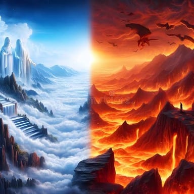A split conceptual illustration showing fiery hell imagery beside powerful floodwater.