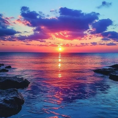 The sun descending toward the horizon at sunset.