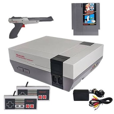 A Nintendo Entertainment System console beside its distinctive Zapper light gun.