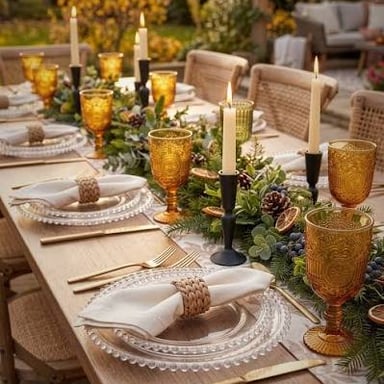 A dinner table illuminated by candlelight.
