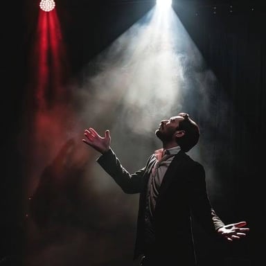A solo performer speaking onstage in a focused spotlight.