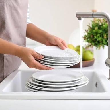 A person washing dishes at a kitchen sink.