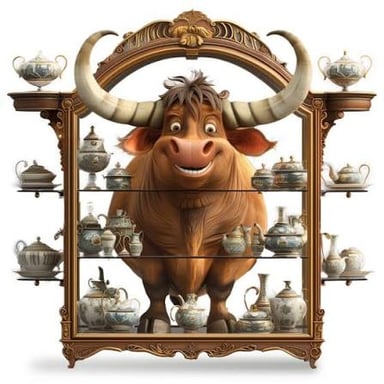 A cartoon bull moving among fragile china in a shop.