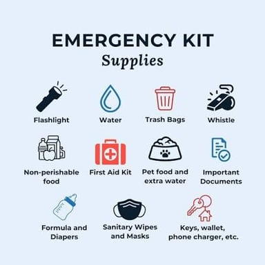 A prepared emergency kit with basic supplies such as a flashlight, water, and first-aid materials.