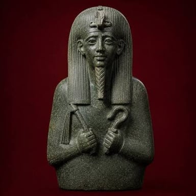 A traditional depiction of Osiris with green skin and royal insignia