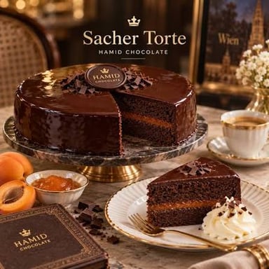 A slice of chocolate Sacher torte showing apricot jam beneath its glaze.