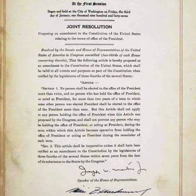 The text of the 22nd Amendment, which limits presidential election to two terms in most cases.