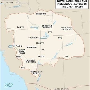 A map shows the Great Basin region and areas traditionally associated with Paiute peoples.
