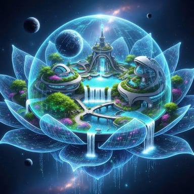 A serene idealized landscape representing a utopia