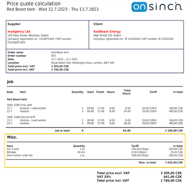 An invoice showing individual line-item charges.