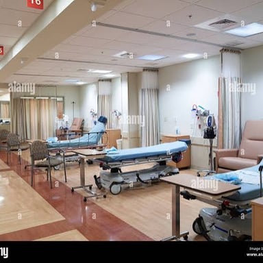 Hospital recovery area with beds for patients after surgery