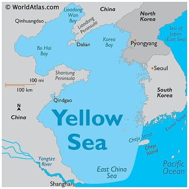 Map showing the Yellow Sea between eastern China and the Korean Peninsula.