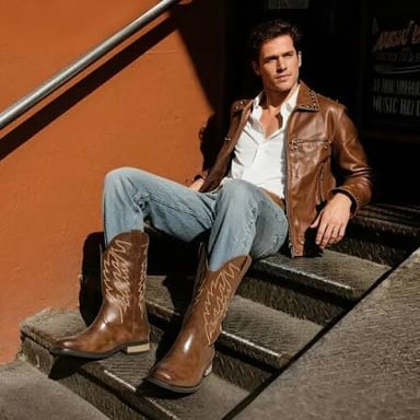 Smooth leather cowboy boots and a Western-style leather jacket