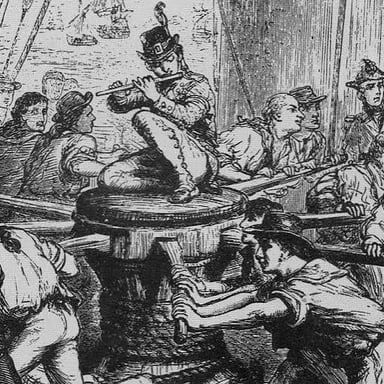 An illustration of sailors singing together aboard a ship.