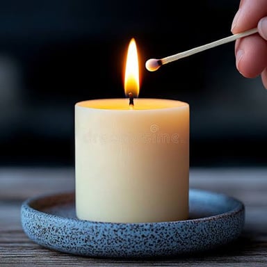 A match being used to light a candle.