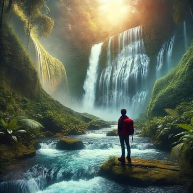 A person looking in wonder at a dramatic natural landscape.