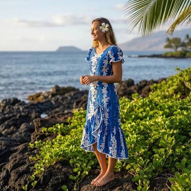 A loose floral-print muumuu dress.