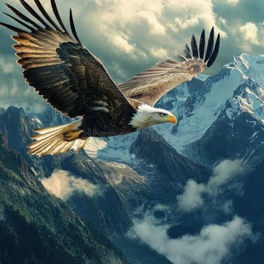 An eagle gliding high above a mountain landscape.