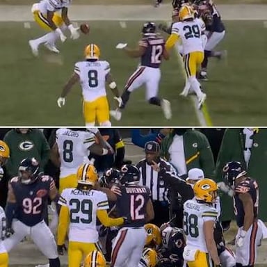 American football players attempting to recover an onside kick.