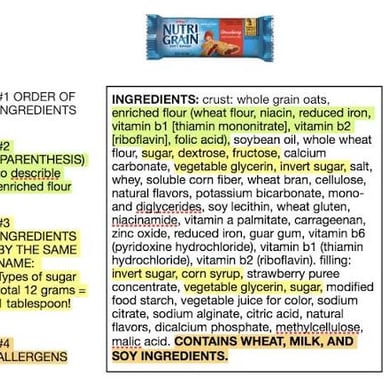 A packaged food label with an ingredients list and a contains statement.