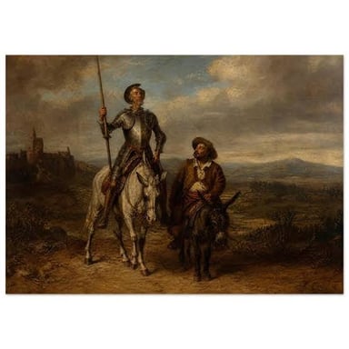 An illustration of Don Quixote with his companion Sancho Panza.