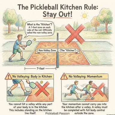 A pickleball court showing the non-volley zones beside the net.