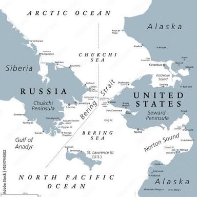 A map showing the Bering Sea between Alaska and Russia.