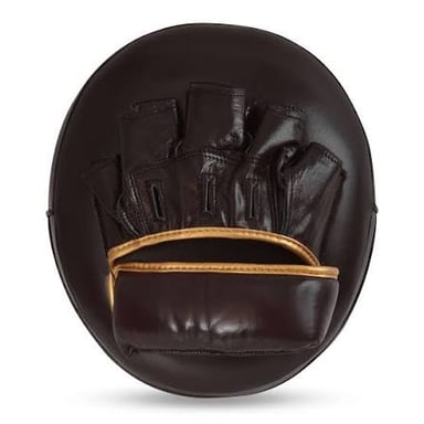 A boxing glove striking a padded training mitt.