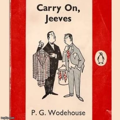 An illustration depicting Jeeves, the valet, alongside Bertie Wooster.