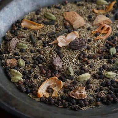 A bowl of spices used to make an Indian masala blend.